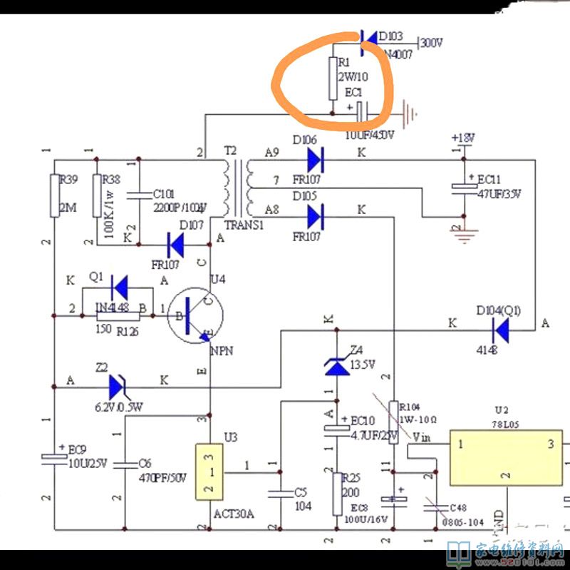 一臺電崩騰電磁爐,開機檢驗三無,開啟一看10歐電阻已燒,開關