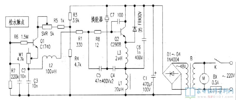 220V工作電壓經變電器B降至48V