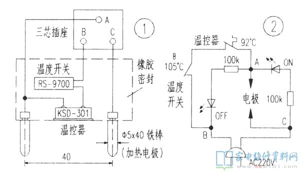 2個電極即充放電加熱水,發光管OFF被電源開關短路不閃光